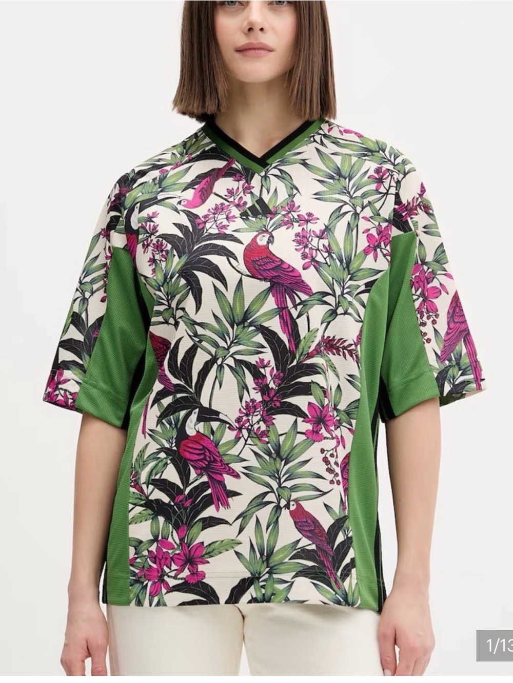 Adidas x Farm Rio Collab Tropical Floral Bird Print Jersey - Green & Pink XS